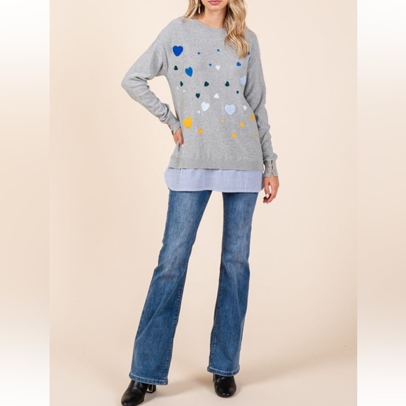 LONG SLEEVE WITH BUTTON  TEXTURED AND EMBROIDERY HEARTS STRIPE SHIRT BOTTOM - Picture 6 of 7